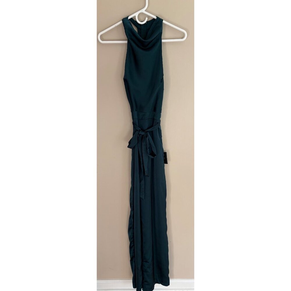 Lulus Luxe Vision Satin Halter Wide-Leg Jumpsuit Dark Teal Women’s Medium NWT - Picture 2 of 12